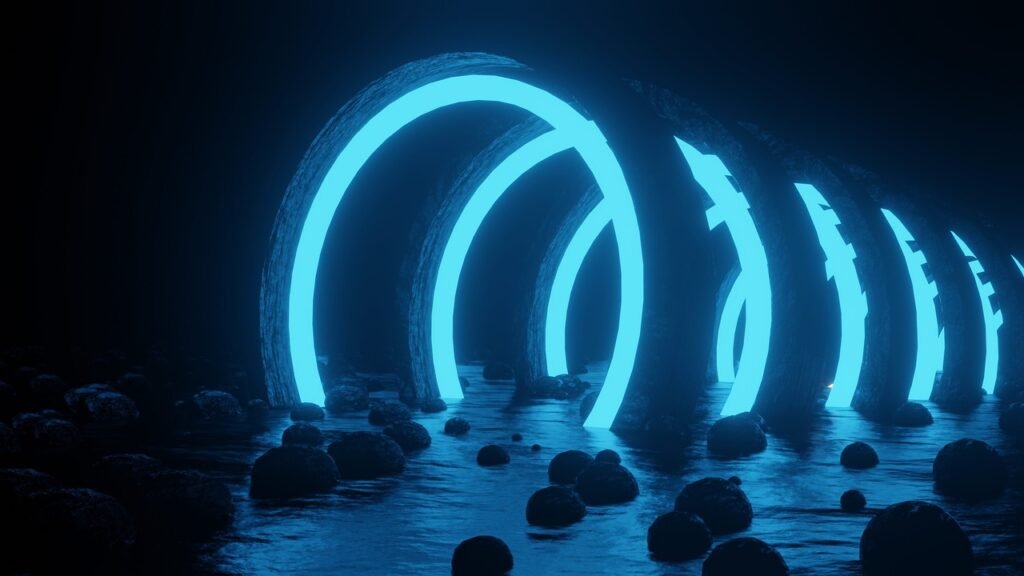 portal, neon, lights, rocks, stones, arch, nature, water, lake, river, fantasy